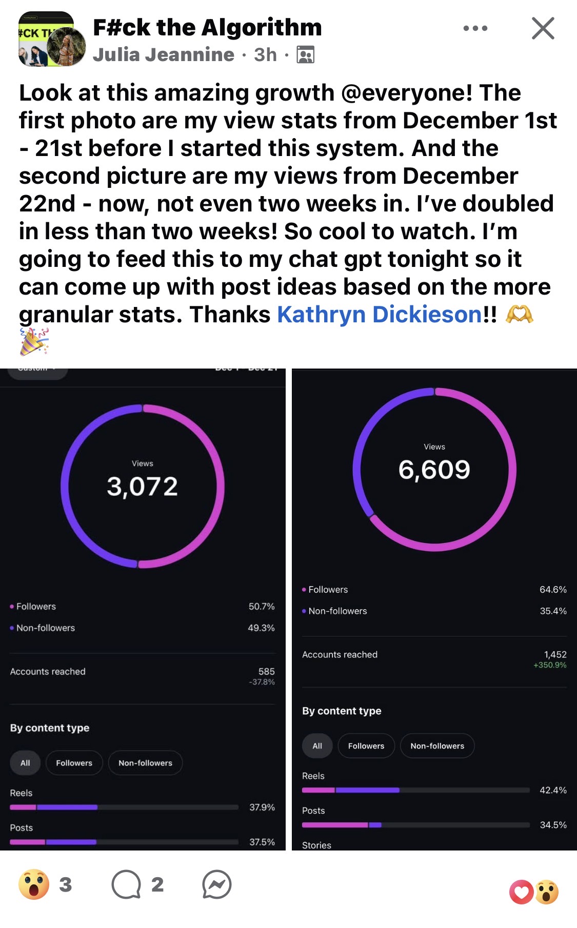 Julia Jeannine community post: views doubled in under 2 weeks